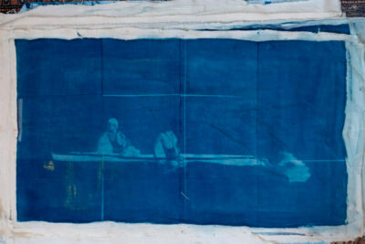 Maurane Leder, Lilie Pinot & Pauline Zenk - En nage indienne - Lilie Pinot Le bateau Cyanotype sur tissu 63x100 cm 2023