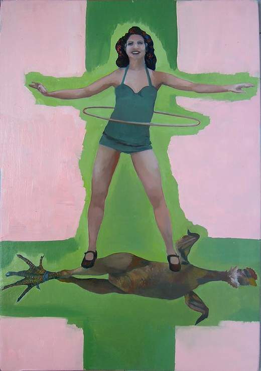Aurélie Piau, Poulette 2, 2018. Huile sur carton entoilé, 30 × 21 cm. Courtesy de l'artiste. Photo : Pauline Rosen Cros. Expositions d’Anne-Marie Schneider, Naomi Maury, Aurélie Piau - Sérignan